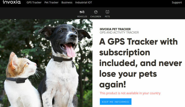Invoxia-Pet Tracker homepage printscreen