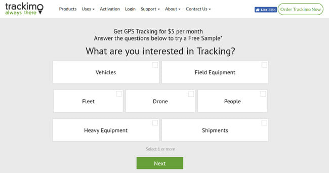 Trackimo printscreen homepage